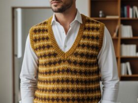 strikkeoppskrifter herre vest v-hals retro