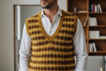 strikkeoppskrifter herre vest v-hals retro
