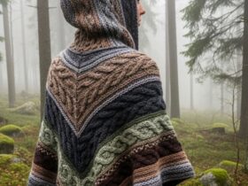 strikkeoppskrifter poncho med hette dame
