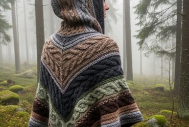 strikkeoppskrifter poncho med hette dame