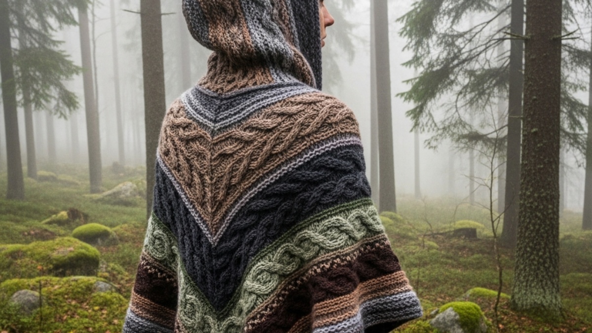strikkeoppskrifter poncho med hette dame