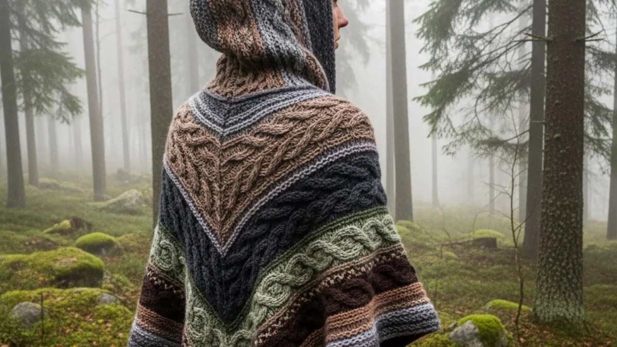 strikkeoppskrifter poncho med hette dame